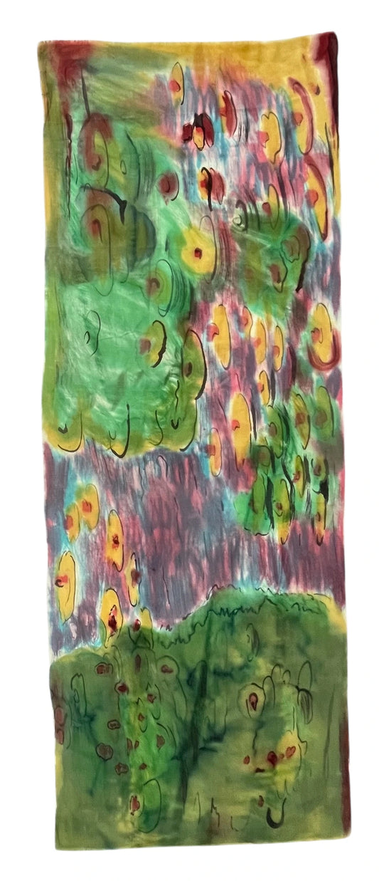 Colorful abstract art piece with vibrant green, yellow, and purple hues Whispering Grove Scarf by Soulweaves