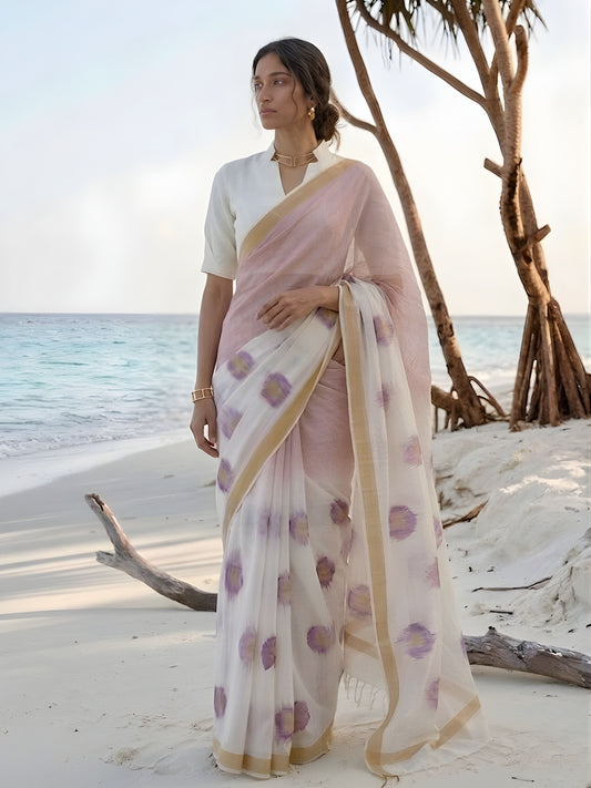 soulweaves zen flora silk cotton saree white pink ombre