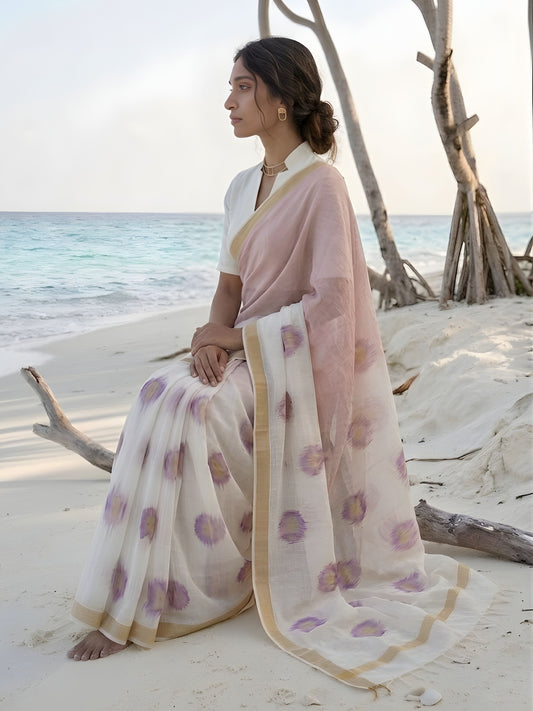 soulweaves zen flora silk cotton saree white pink ombre
